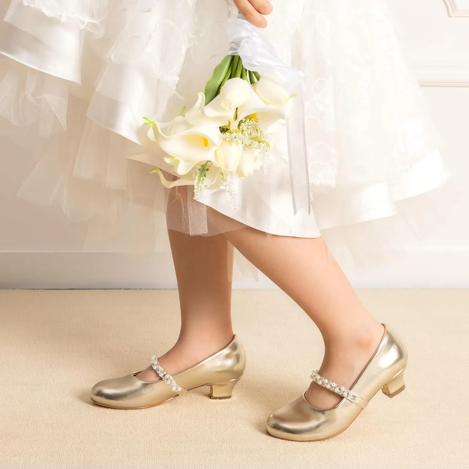 DREAM PAIRS Girls Dress Shoes Low Heels for Little Big Girl Mary Jane Shoes with Pearl Rhinestones Flower Girl Pumps Princess Wedding Party