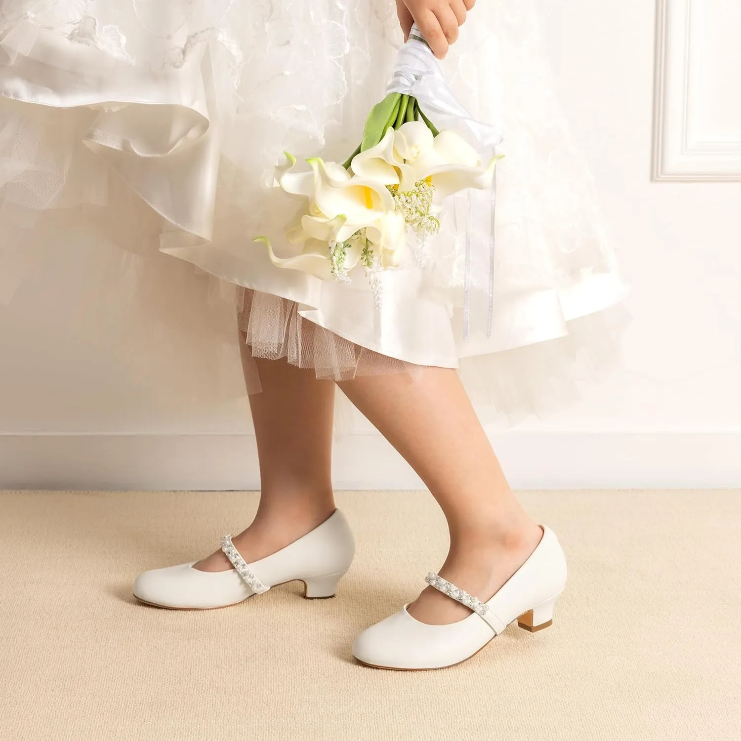 DREAM PAIRS Girls Dress Shoes Low Heels for Little Big Girl Mary Jane Shoes with Pearl Rhinestones Flower Girl Pumps Princess Wedding Party