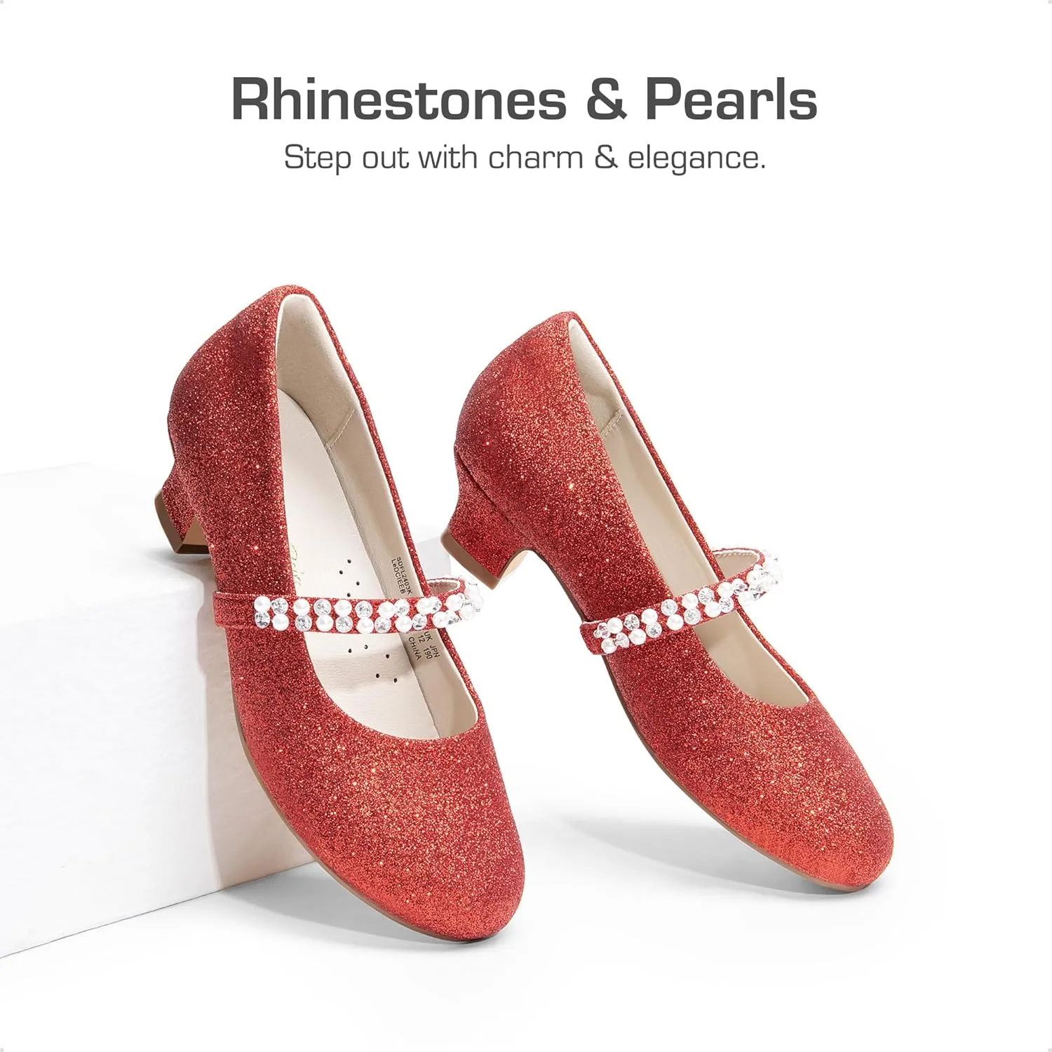 DREAM PAIRS Girls Dress Shoes Low Heels for Little Big Girl Mary Jane Shoes with Pearl Rhinestones Flower Girl Pumps Princess Wedding Party