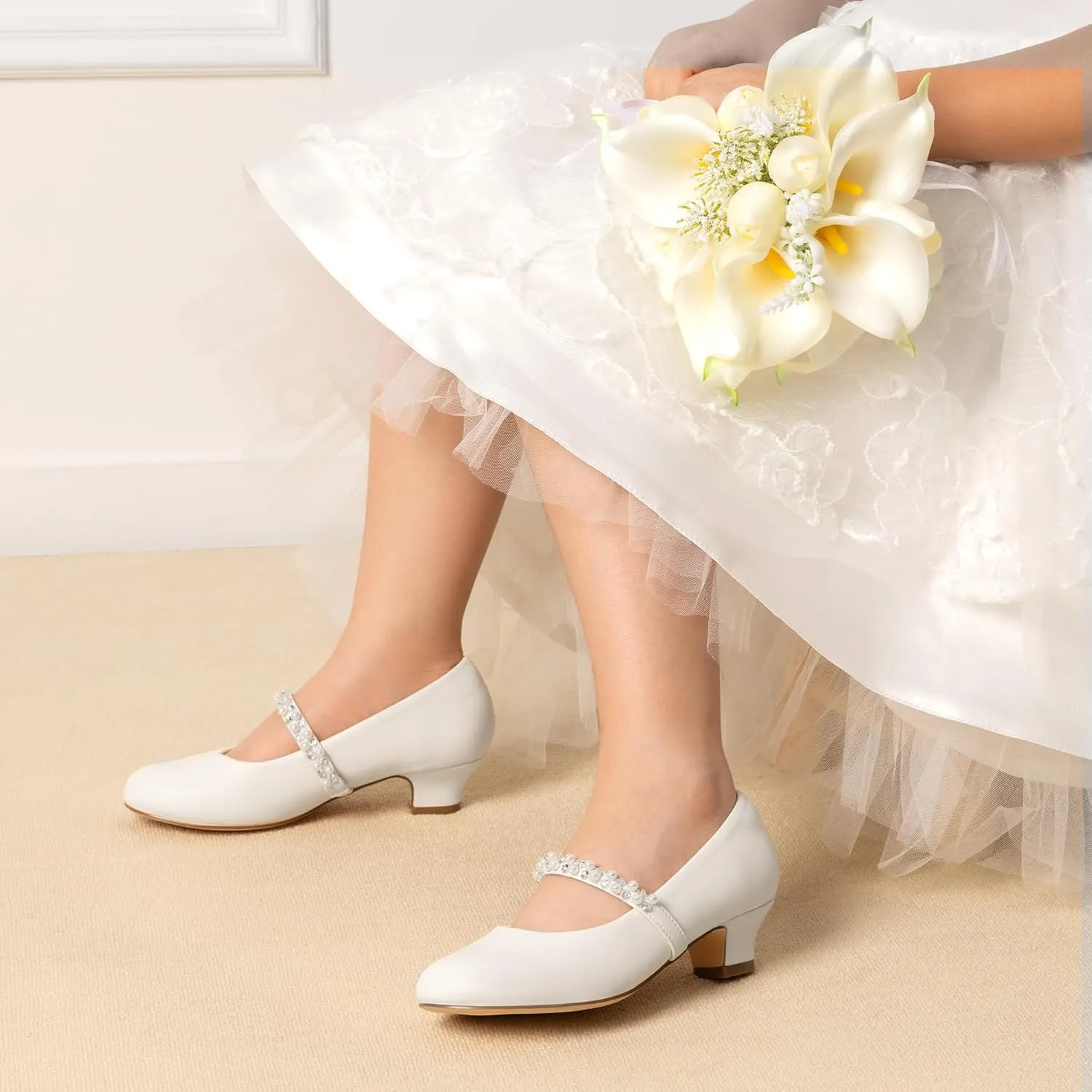 DREAM PAIRS Girls Dress Shoes Low Heels for Little Big Girl Mary Jane Shoes with Pearl Rhinestones Flower Girl Pumps Princess Wedding Party
