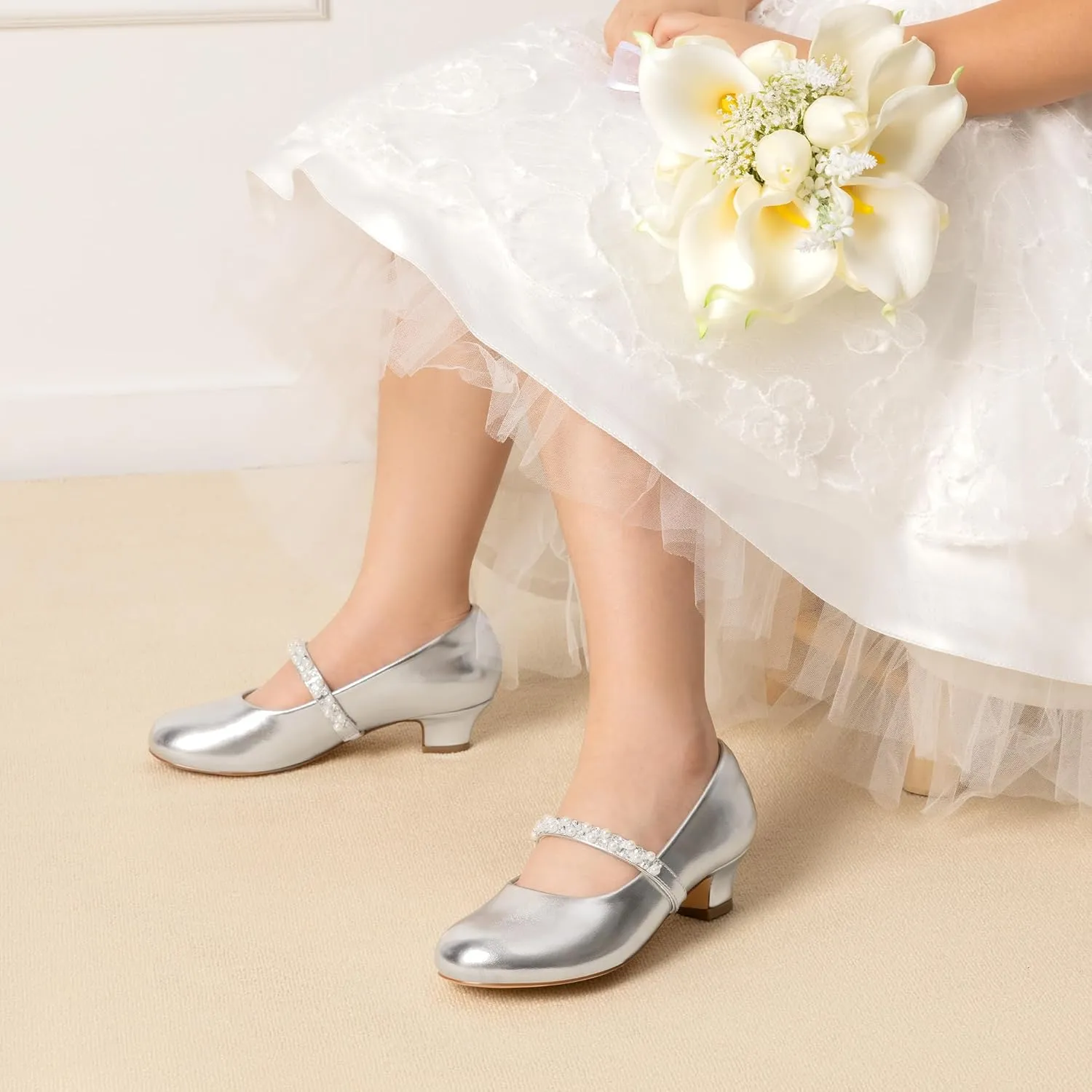 DREAM PAIRS Girls Dress Shoes Low Heels for Little Big Girl Mary Jane Shoes with Pearl Rhinestones Flower Girl Pumps Princess Wedding Party