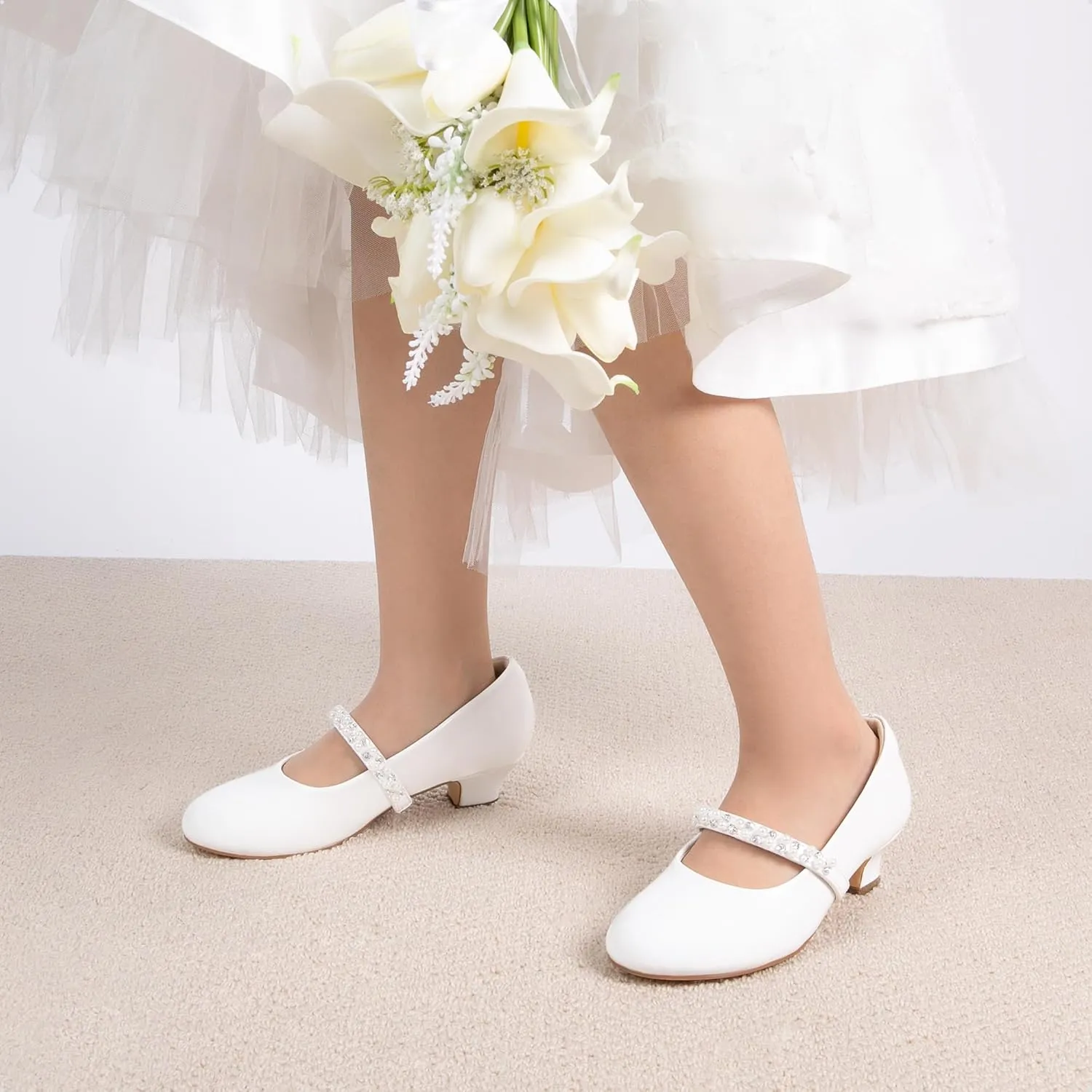 DREAM PAIRS Girls Dress Shoes Low Heels for Little Big Girl Mary Jane Shoes with Pearl Rhinestones Flower Girl Pumps Princess Wedding Party