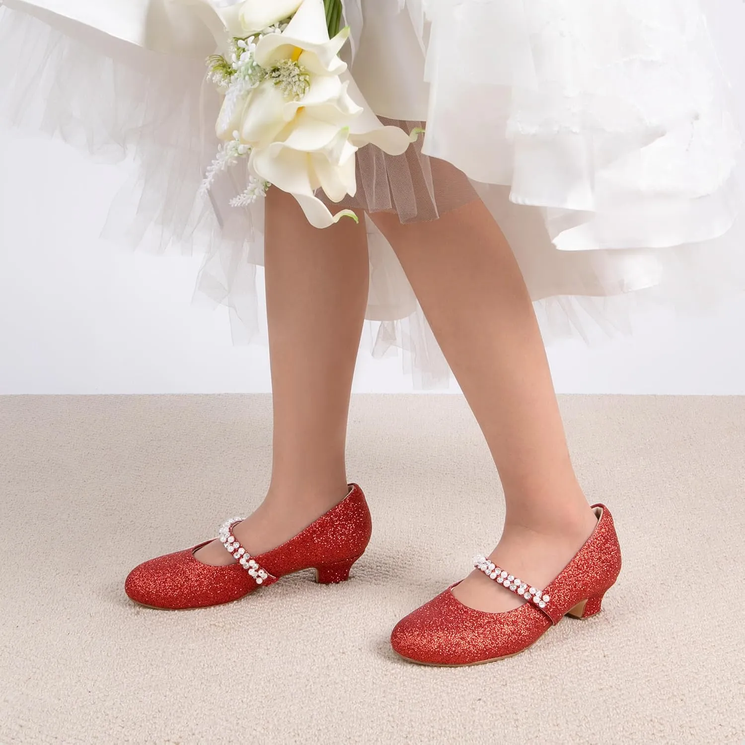 DREAM PAIRS Girls Dress Shoes Low Heels for Little Big Girl Mary Jane Shoes with Pearl Rhinestones Flower Girl Pumps Princess Wedding Party