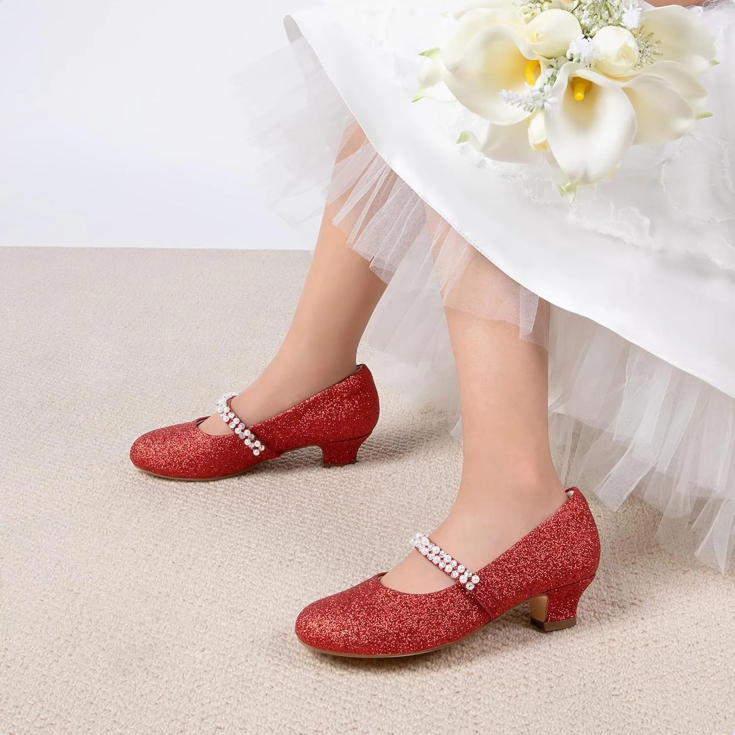 DREAM PAIRS Girls Dress Shoes Low Heels for Little Big Girl Mary Jane Shoes with Pearl Rhinestones Flower Girl Pumps Princess Wedding Party