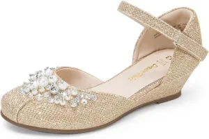 DREAM PAIRS Girls Dress Shoes Toddler Little Big Girls Heels Low Wedge Pumps with Pearls Rhinestone for Flower Girl Princess Wedding Party