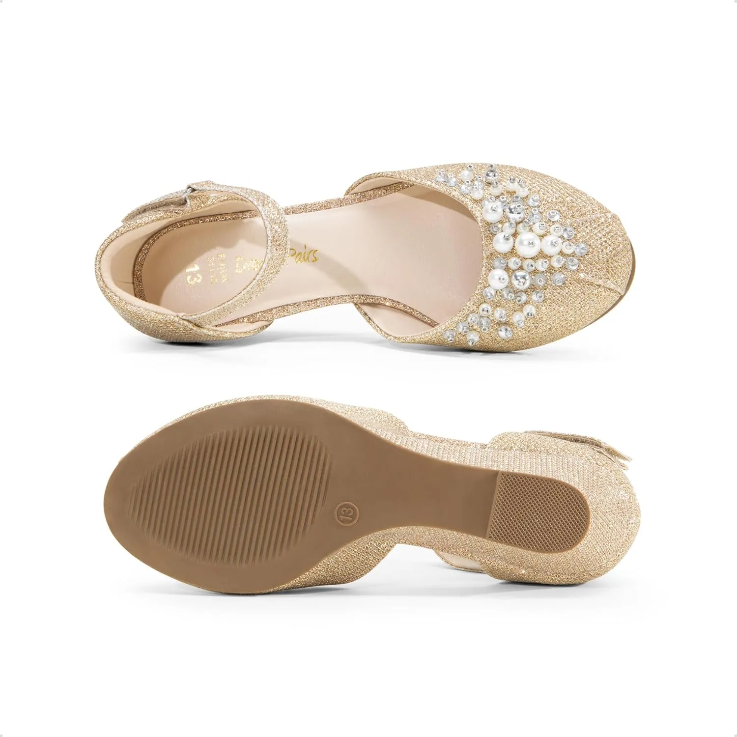 DREAM PAIRS Girls Dress Shoes Toddler Little Big Girls Heels Low Wedge Pumps with Pearls Rhinestone for Flower Girl Princess Wedding Party
