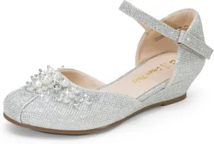 DREAM PAIRS Girls Dress Shoes Toddler Little Big Girls Heels Low Wedge Pumps with Pearls Rhinestone for Flower Girl Princess Wedding Party
