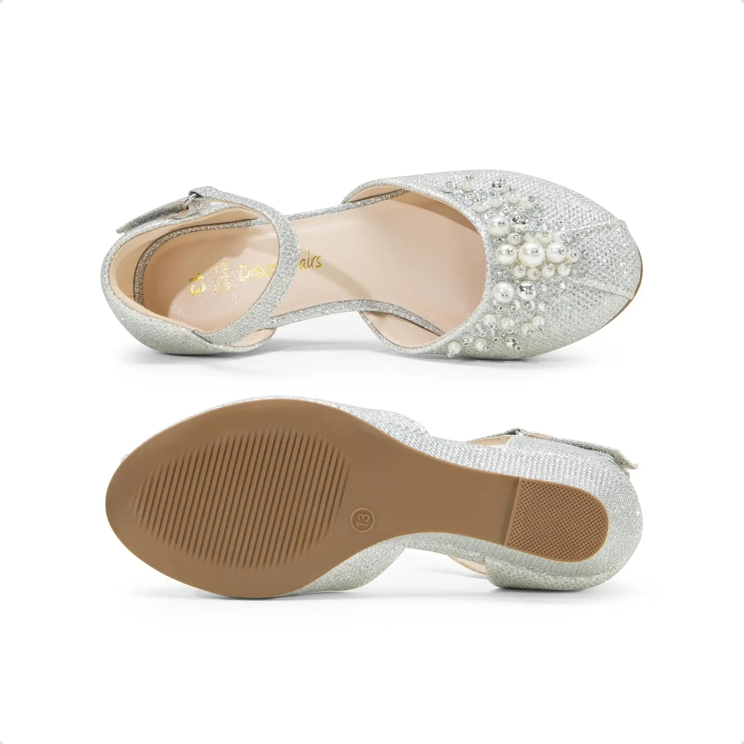 DREAM PAIRS Girls Dress Shoes Toddler Little Big Girls Heels Low Wedge Pumps with Pearls Rhinestone for Flower Girl Princess Wedding Party