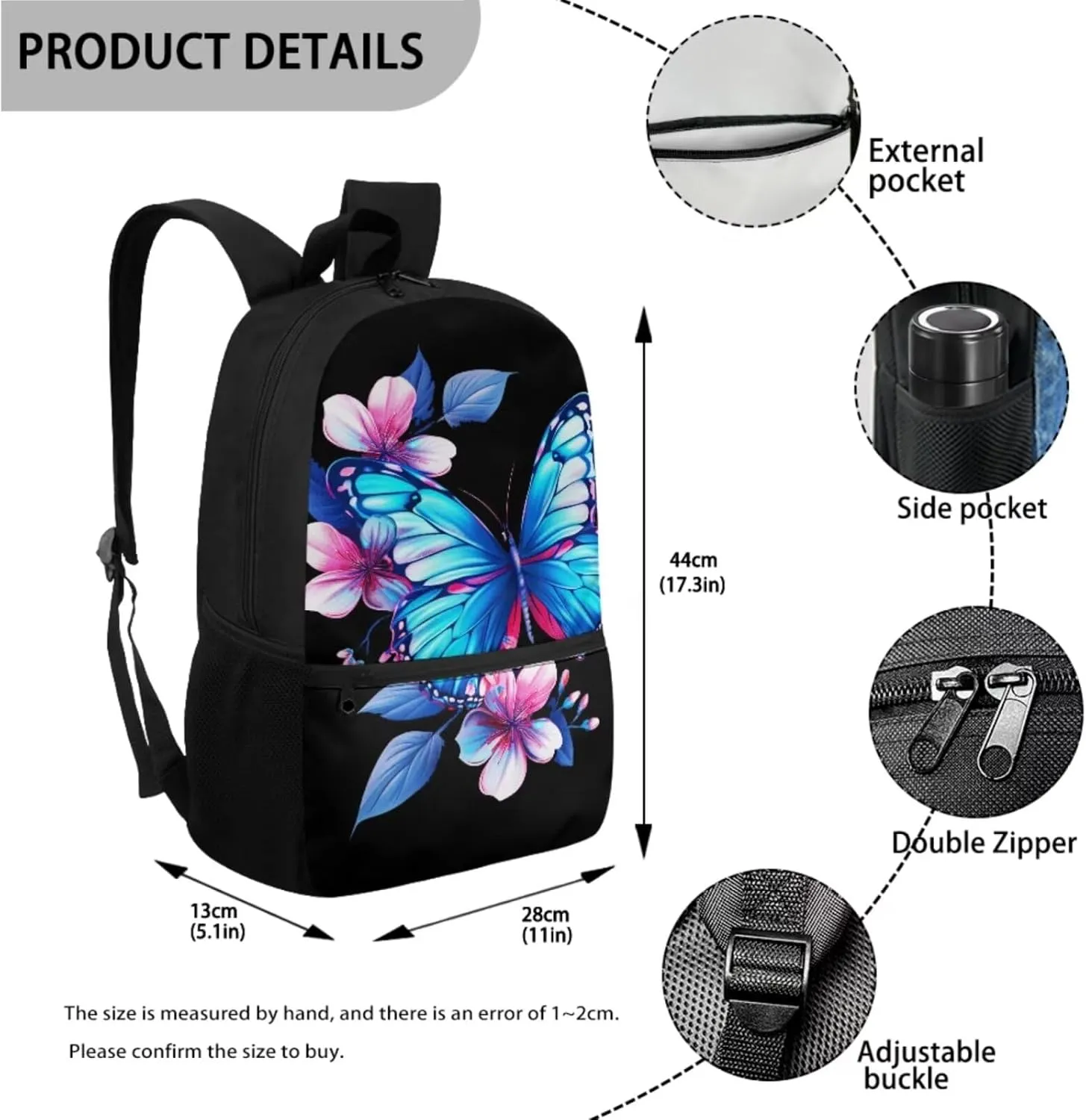 Dreaweet Girls Backpack with Lunch Box 17 inch Butterfly Bookbag with Lunchbox for Kids Ages 6-8/8-12 School Book Bag with Lunch Bag Combo Schoolbag Lunchbag Pencil Bag Set of 3