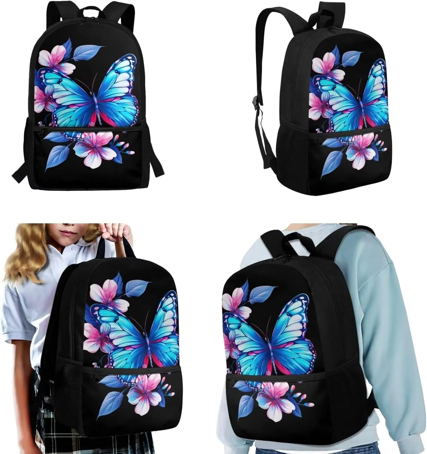Dreaweet Girls Backpack with Lunch Box 17 inch Butterfly Bookbag with Lunchbox for Kids Ages 6-8/8-12 School Book Bag with Lunch Bag Combo Schoolbag Lunchbag Pencil Bag Set of 3