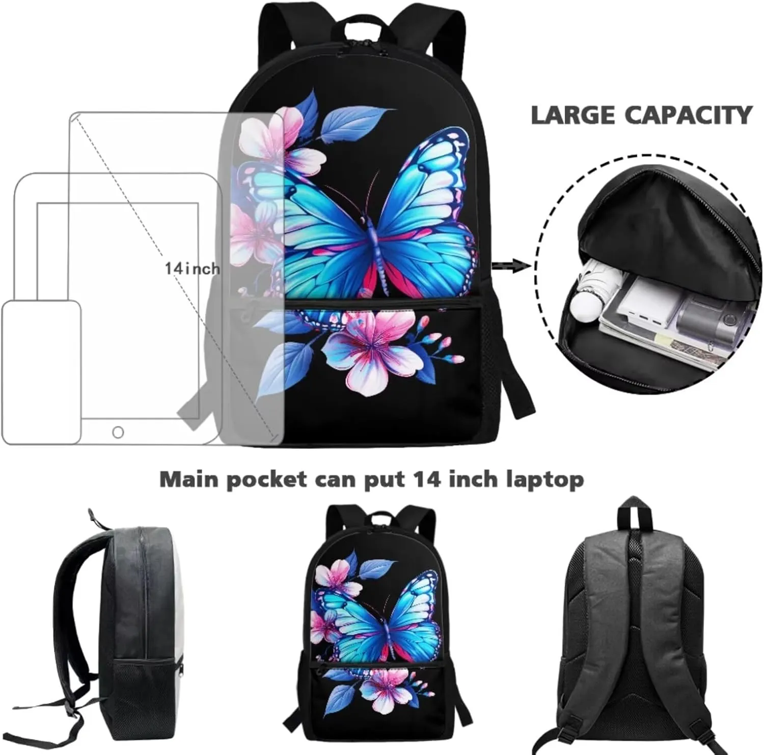 Dreaweet Girls Backpack with Lunch Box 17 inch Butterfly Bookbag with Lunchbox for Kids Ages 6-8/8-12 School Book Bag with Lunch Bag Combo Schoolbag Lunchbag Pencil Bag Set of 3