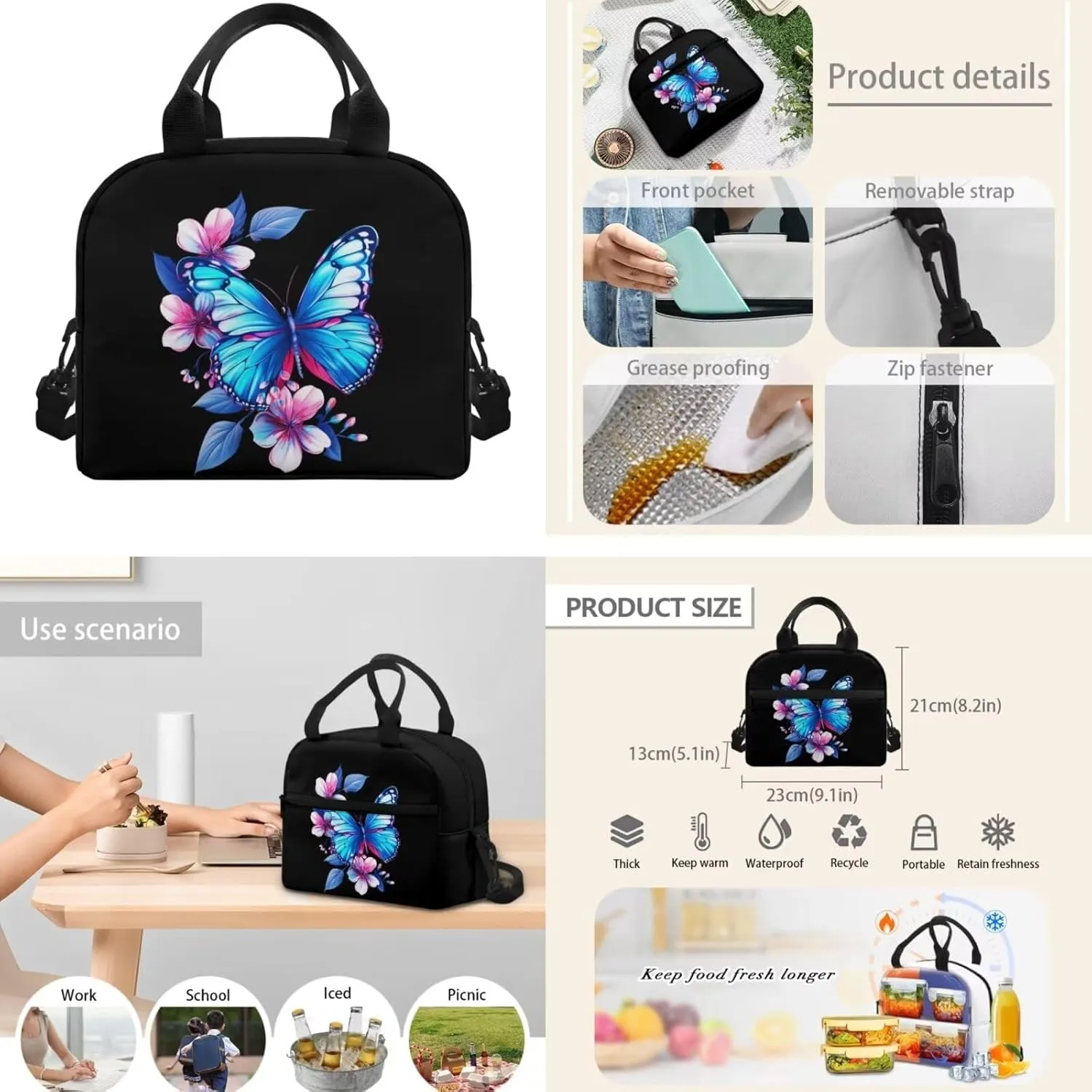Dreaweet Girls Backpack with Lunch Box 17 inch Butterfly Bookbag with Lunchbox for Kids Ages 6-8/8-12 School Book Bag with Lunch Bag Combo Schoolbag Lunchbag Pencil Bag Set of 3