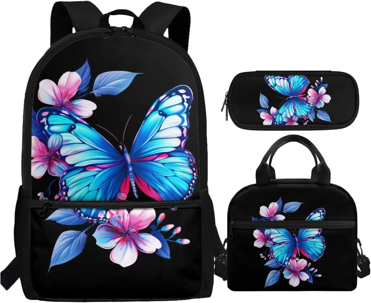 Dreaweet Girls Backpack with Lunch Box 17 inch Butterfly Bookbag with Lunchbox for Kids Ages 6-8/8-12 School Book Bag with Lunch Bag Combo Schoolbag Lunchbag Pencil Bag Set of 3