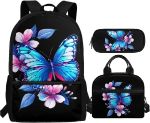 Dreaweet Girls Backpack with Lunch Box 17 inch Butterfly Bookbag with Lunchbox for Kids Ages 6-8/8-12 School Book Bag with Lunch Bag Combo Schoolbag Lunchbag Pencil Bag Set of 3