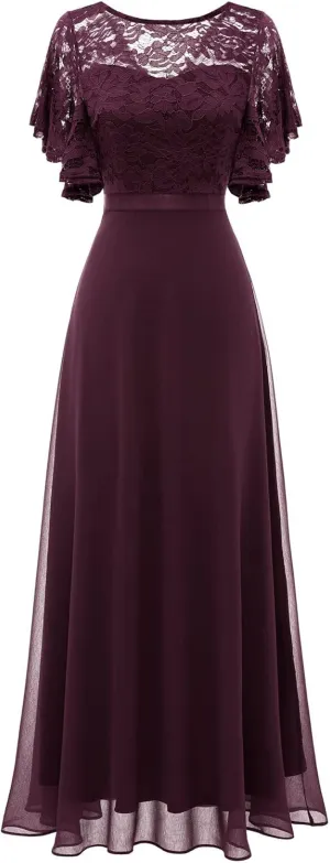DRESSTELLS Lace Wedding Guest Formal Dresses, V-Back Empire Waist Bridesmaid Prom Party Evening Gown 2025