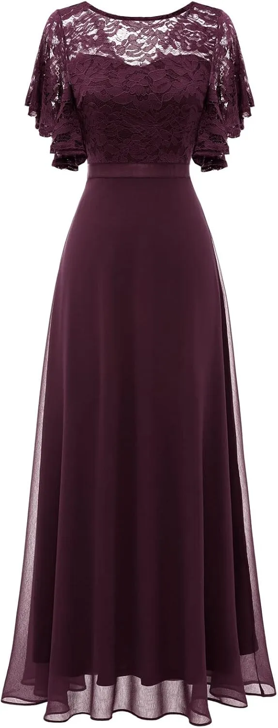 DRESSTELLS Lace Wedding Guest Formal Dresses, V-Back Empire Waist Bridesmaid Prom Party Evening Gown 2025