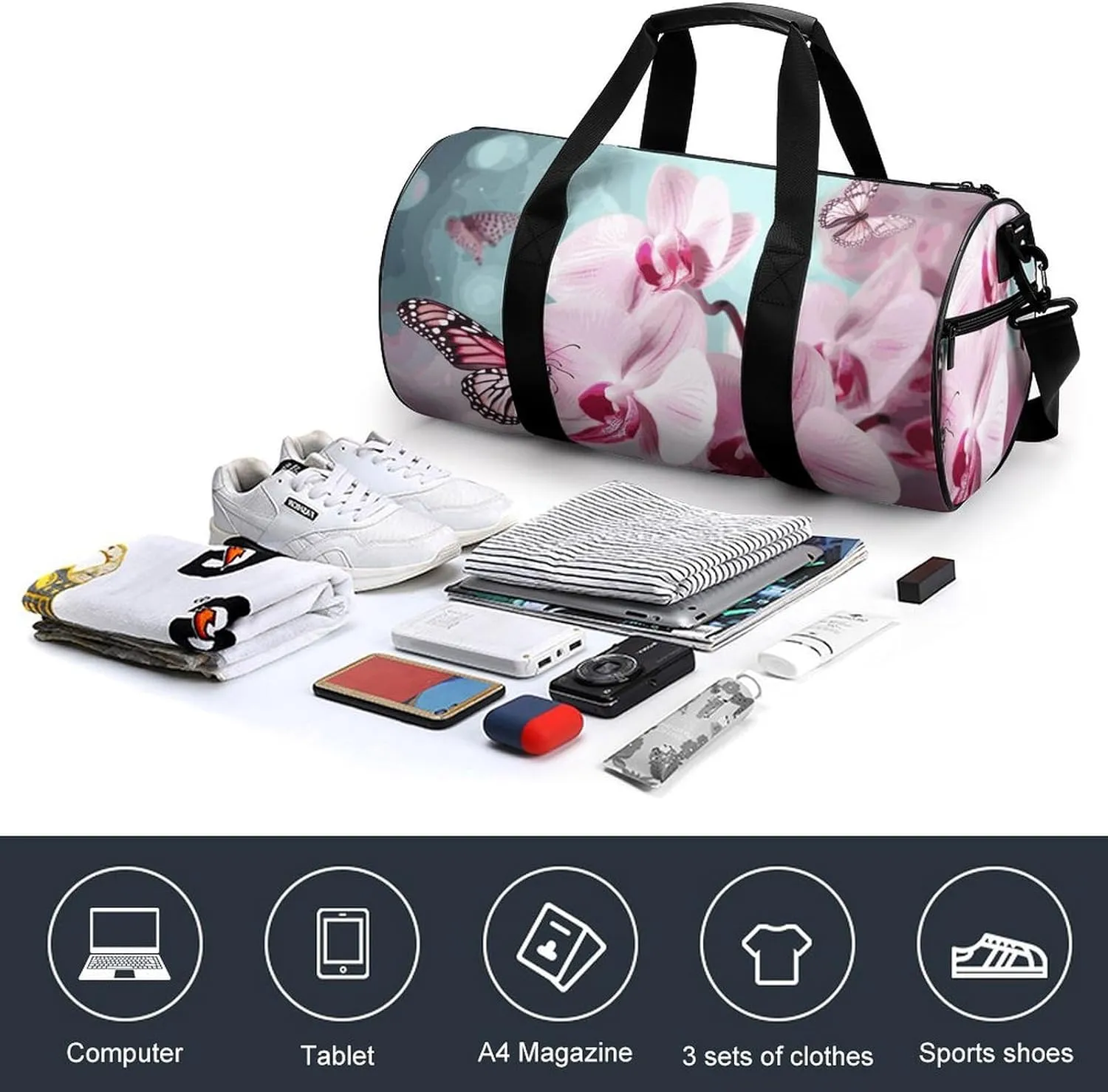 Duffel Bag for Men Women Gym Bag Orchid Flower Butterfly Travel Duffel Bag Waterproof Overnight Bag for Sports Workout