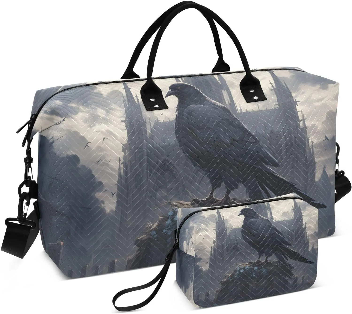 Duffel Bag Set for Travel Gym Sport, Weekender Bag Carry on Overnight Bags for Women Men-Castle and Raven Print