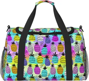 Duffle Bag for Travel, Graffiti Pineapples On Neon Weekender Overnight Duffel Bag, Carry On Bag Gym Bag for Women Men, Personal Item Travel Bag