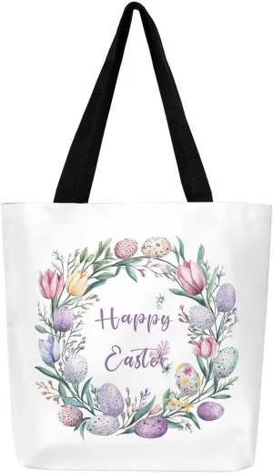 Easter Eggs Canvas Tote Bag,Daisy Pink Roses Tote Bag,Easter Theme Shopping Grocery Bags