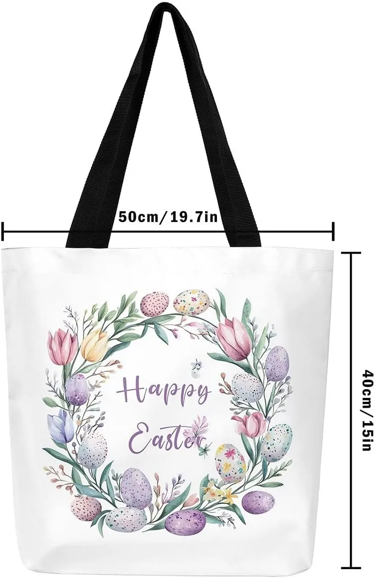 Easter Eggs Canvas Tote Bag,Daisy Pink Roses Tote Bag,Easter Theme Shopping Grocery Bags