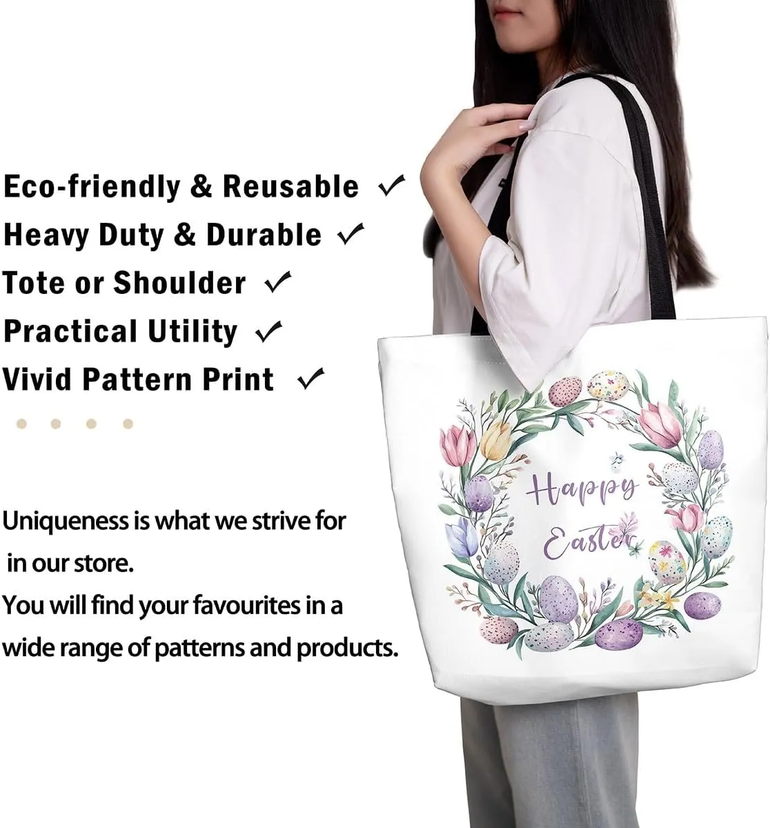 Easter Eggs Canvas Tote Bag,Daisy Pink Roses Tote Bag,Easter Theme Shopping Grocery Bags