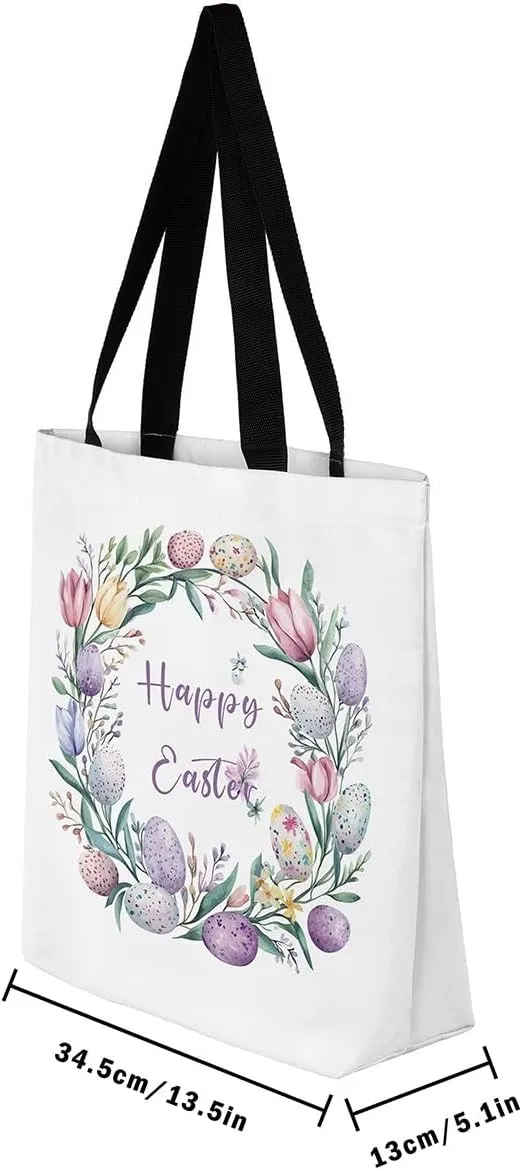 Easter Eggs Canvas Tote Bag,Daisy Pink Roses Tote Bag,Easter Theme Shopping Grocery Bags