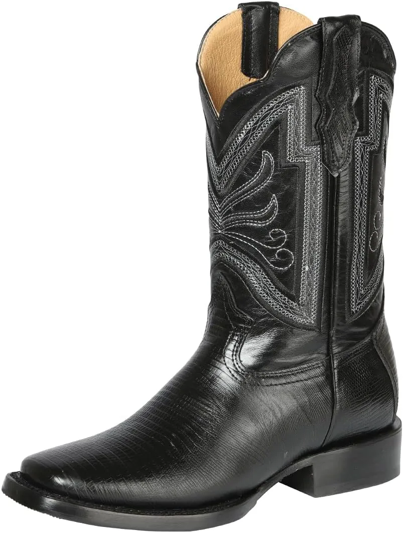 El General Men's Rodeo Boots Lizard Print Black Square Toe Botas Vaqueras 31