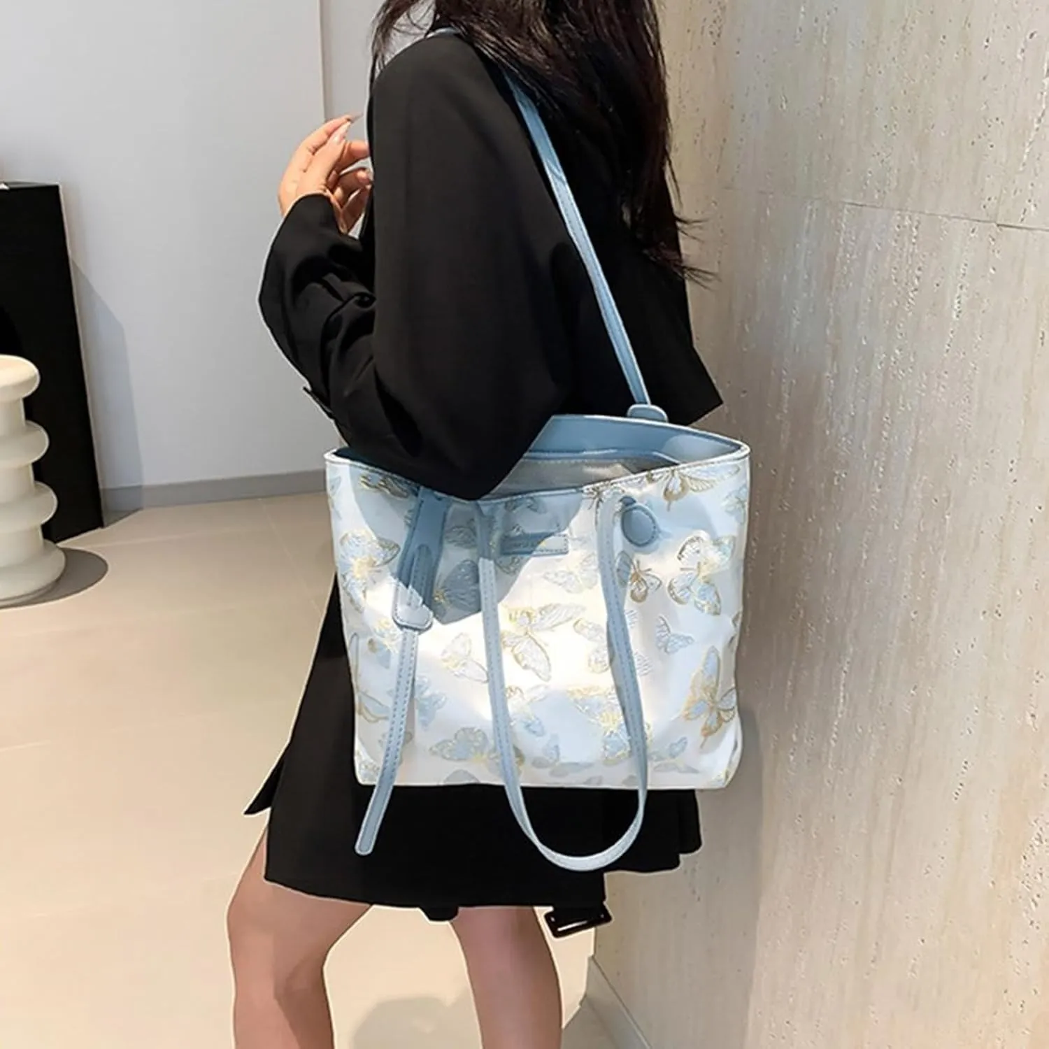 Elegant Embroidery Butterfly Handbag Large Capacity Canvas Top Handle Bags for Women Casual Shoulder Bags Satchel