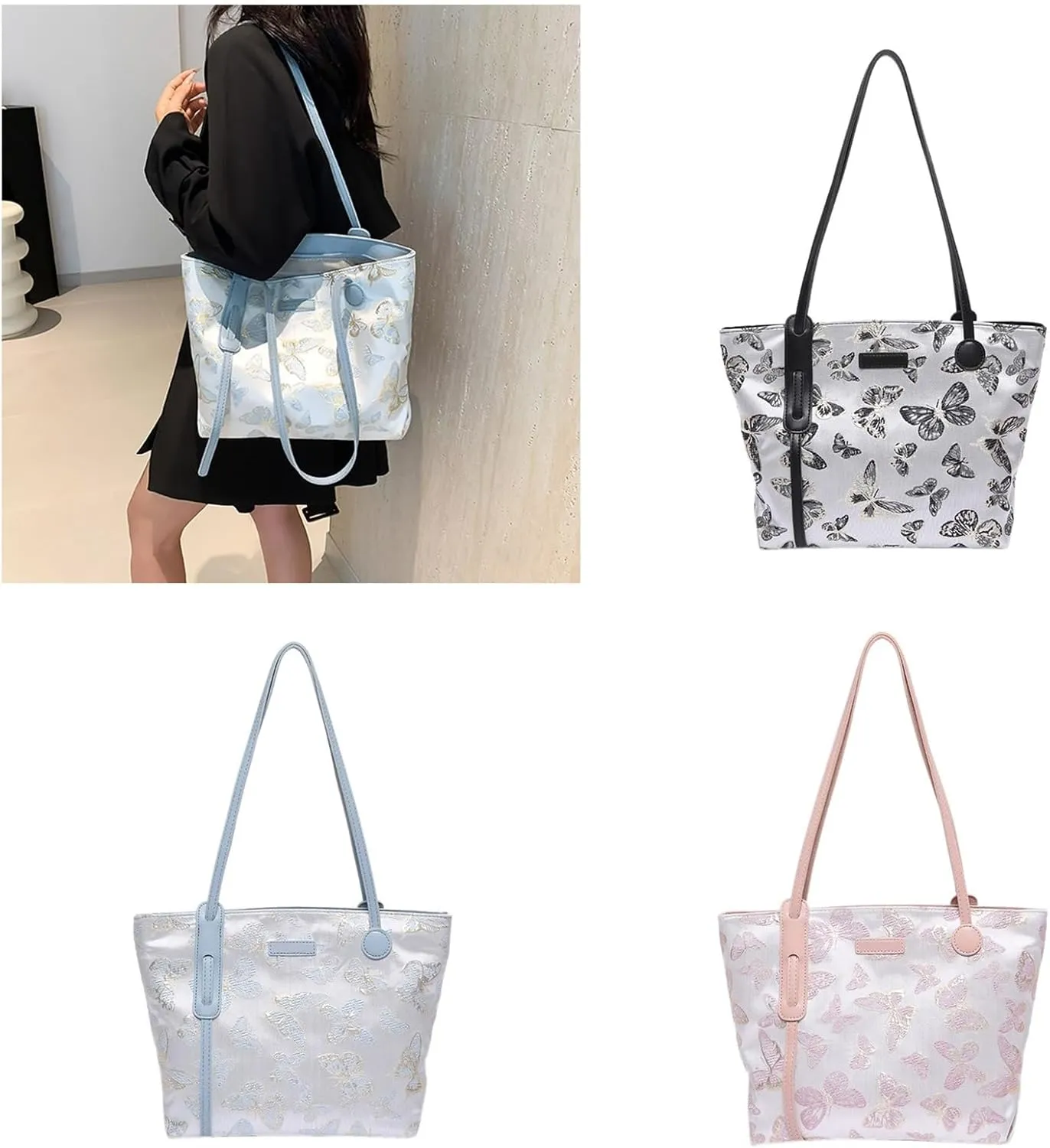 Elegant Embroidery Butterfly Handbag Large Capacity Canvas Top Handle Bags for Women Casual Shoulder Bags Satchel