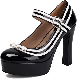 Elerhythm Women's Mary Jane Closed Toe Ankle Straps Elegante Pumps Sweet Bow Platform Patent Leather High Heels Shoes