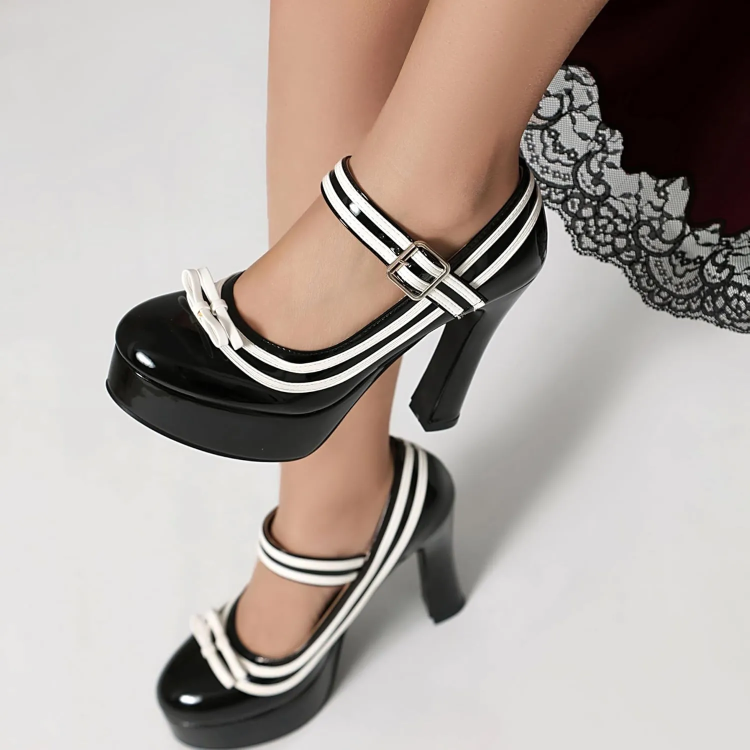 Elerhythm Women's Mary Jane Closed Toe Ankle Straps Elegante Pumps Sweet Bow Platform Patent Leather High Heels Shoes