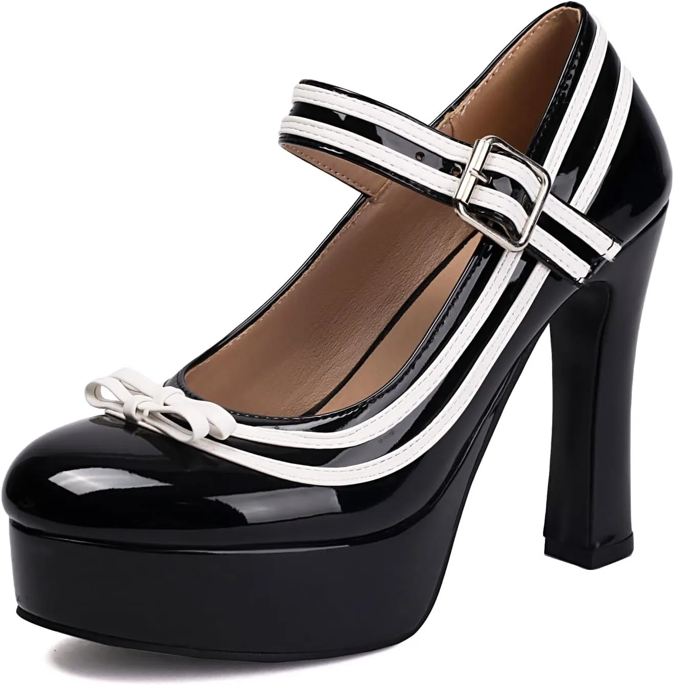Elerhythm Women's Mary Jane Closed Toe Ankle Straps Elegante Pumps Sweet Bow Platform Patent Leather High Heels Shoes