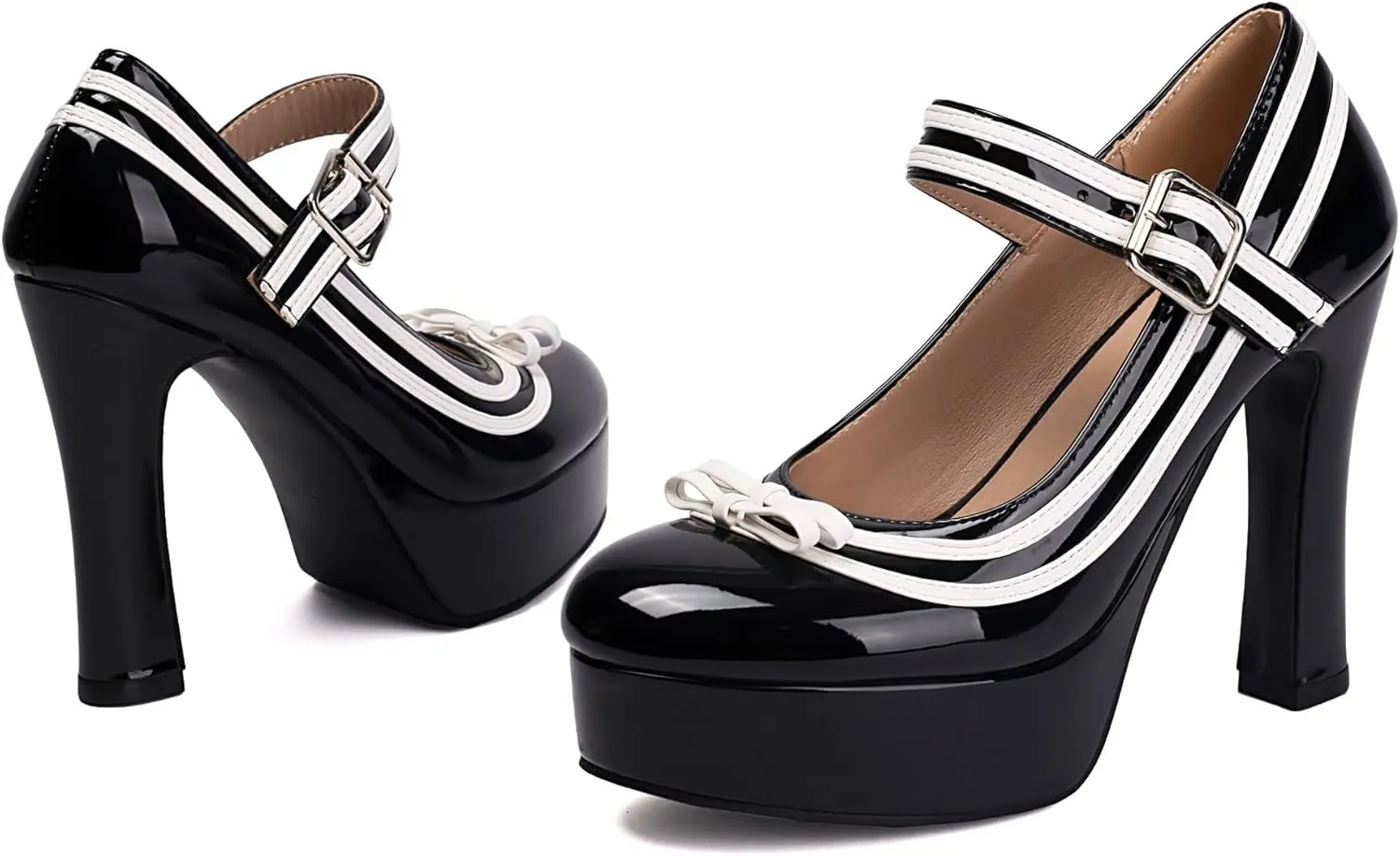 Elerhythm Women's Mary Jane Closed Toe Ankle Straps Elegante Pumps Sweet Bow Platform Patent Leather High Heels Shoes