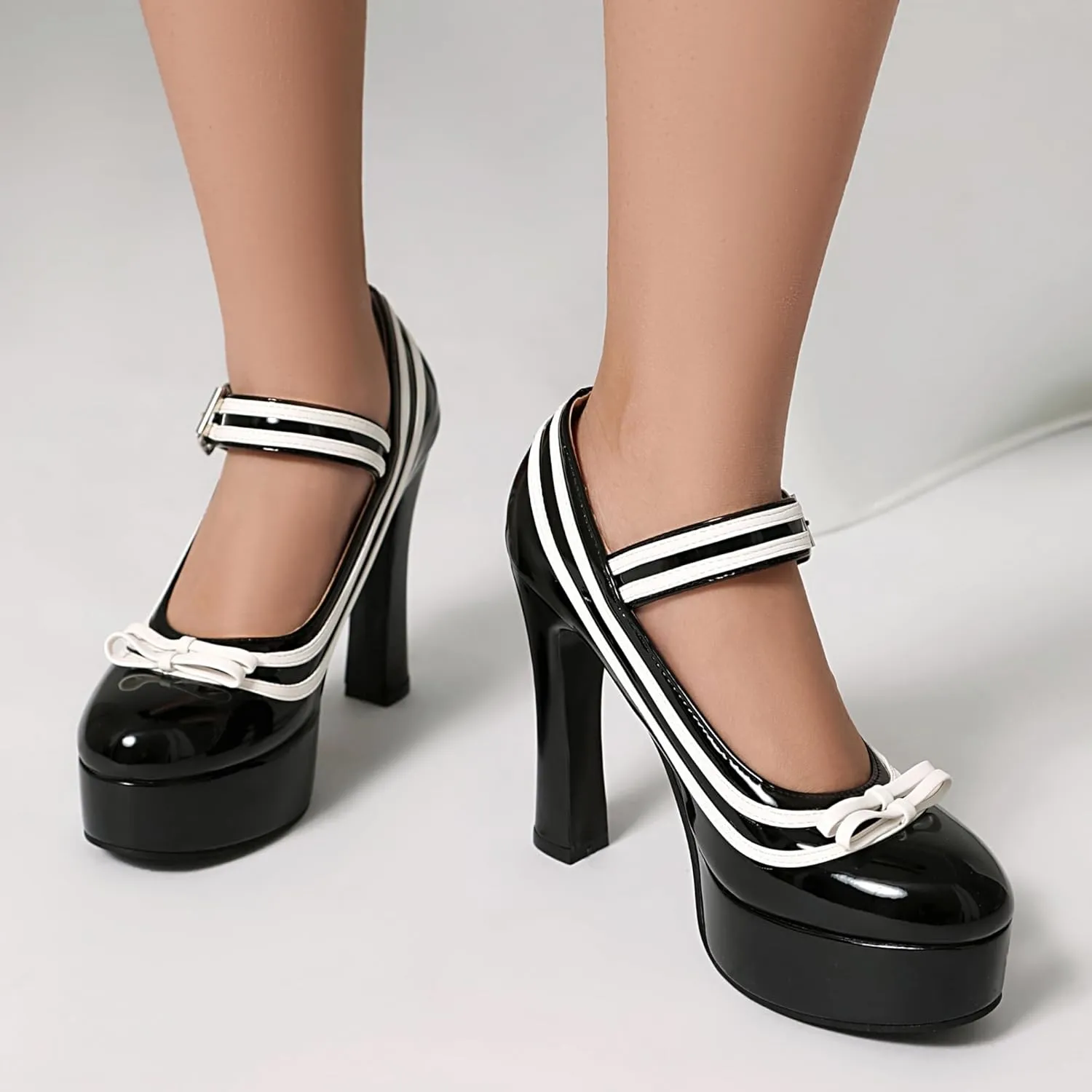 Elerhythm Women's Mary Jane Closed Toe Ankle Straps Elegante Pumps Sweet Bow Platform Patent Leather High Heels Shoes