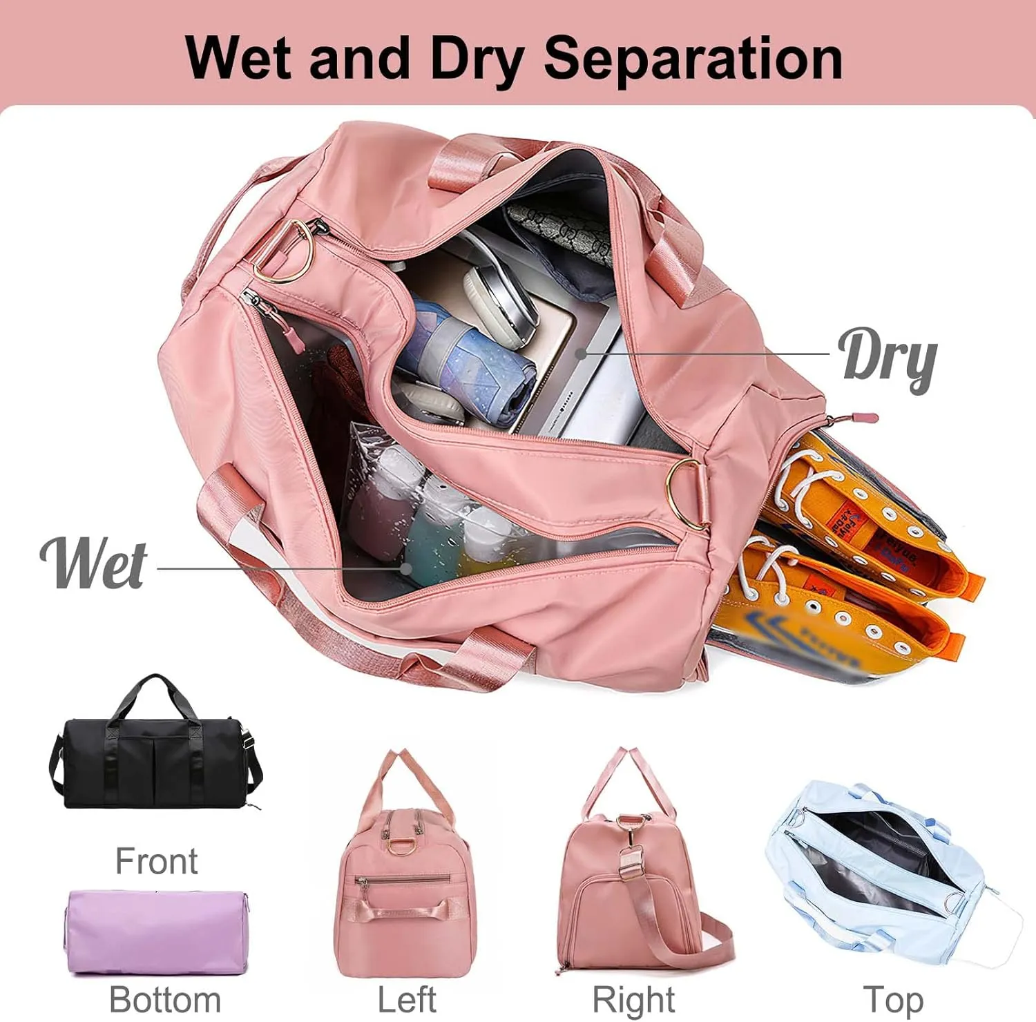 Embroidered Travel Duffel Bag Personalized Name Sports Gym Bags with Shoe Compartment Custom Carry On Overnight Weekender Bag for Women, Pink