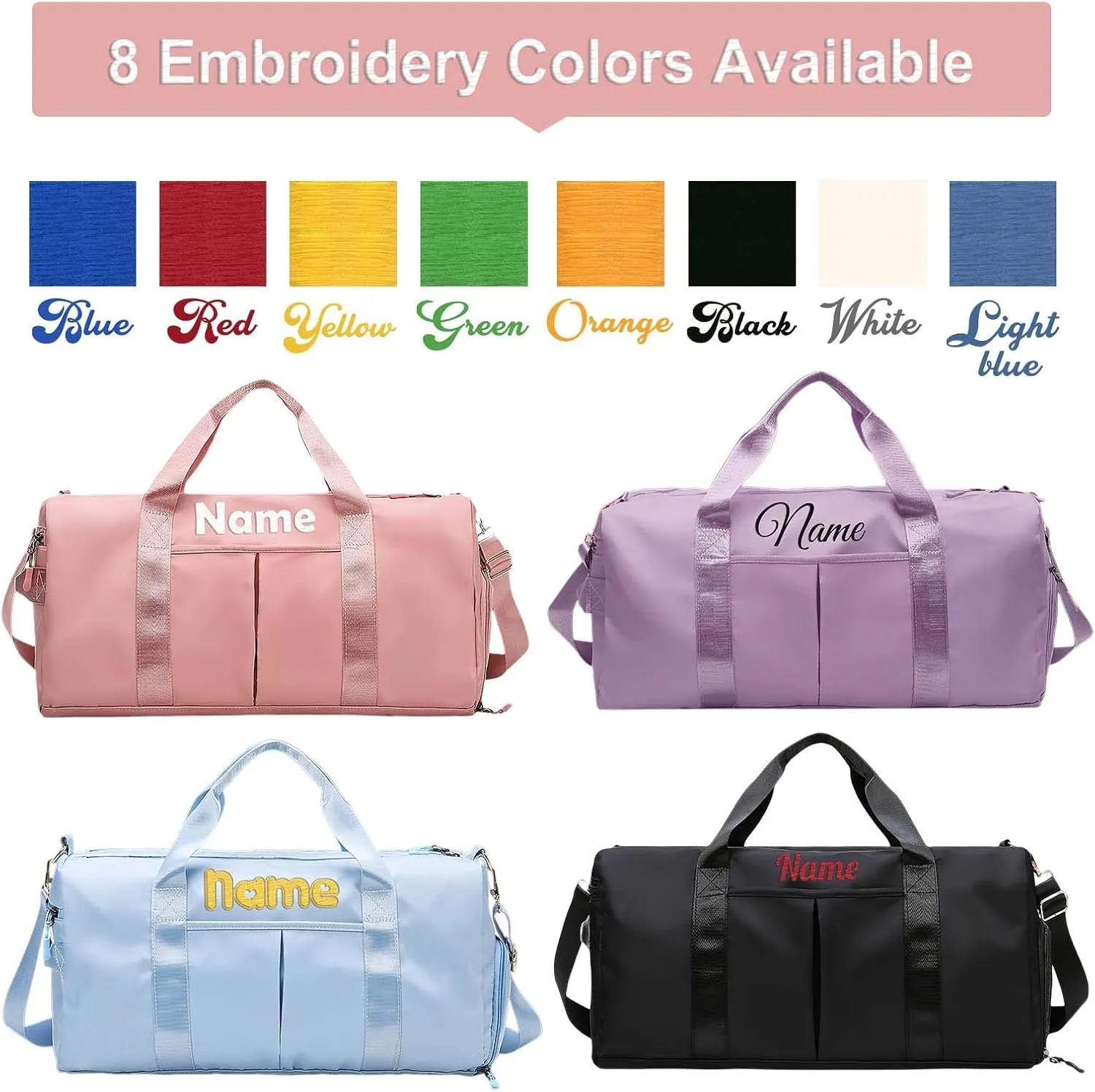 Embroidered Travel Duffel Bag Personalized Name Sports Gym Bags with Shoe Compartment Custom Carry On Overnight Weekender Bag for Women, Pink