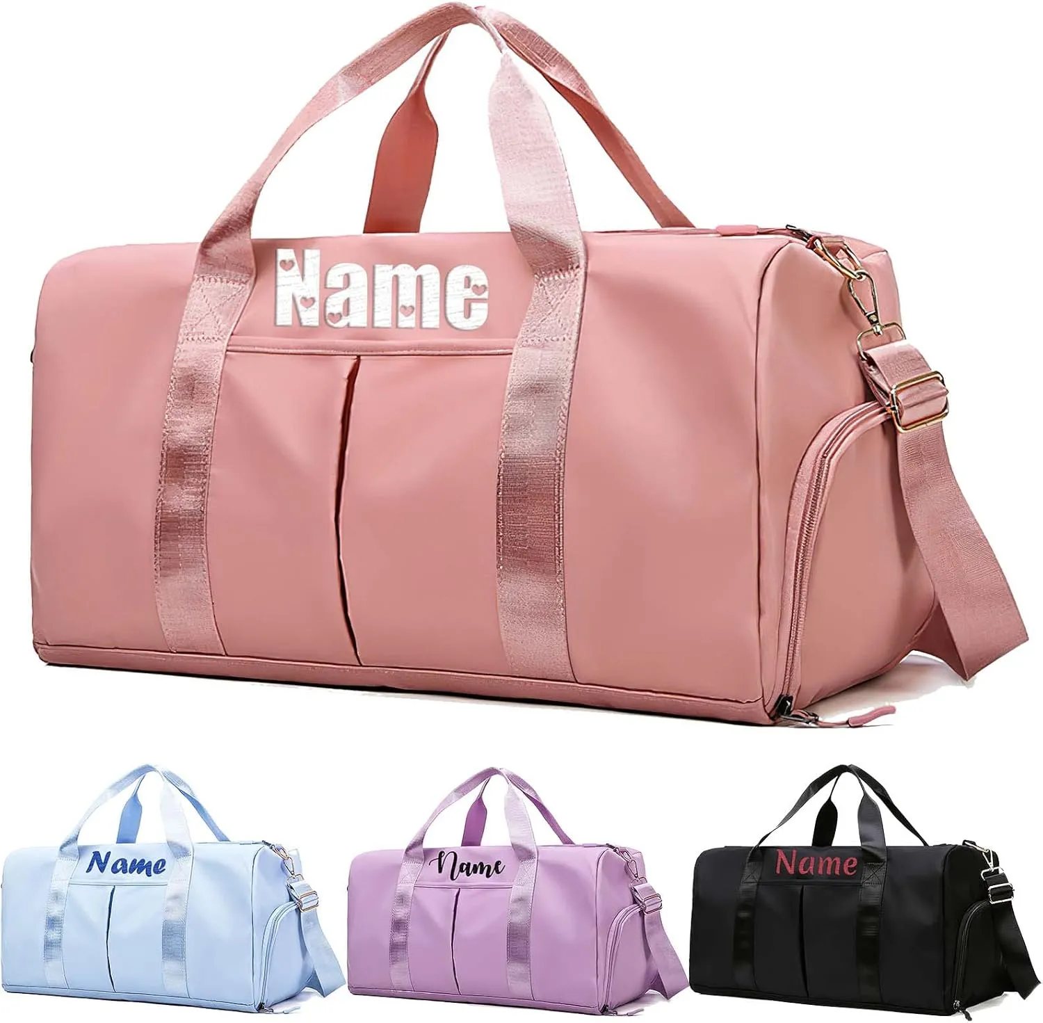 Embroidered Travel Duffel Bag Personalized Name Sports Gym Bags with Shoe Compartment Custom Carry On Overnight Weekender Bag for Women, Pink