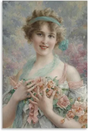 Emile Vernon Poster Print Fille Aux Roses Emile Vernon Canvas Wall Art Poster Decorative Bedroom Modern Home Print Picture Artworks Posters 16x24inch(40x60cm)