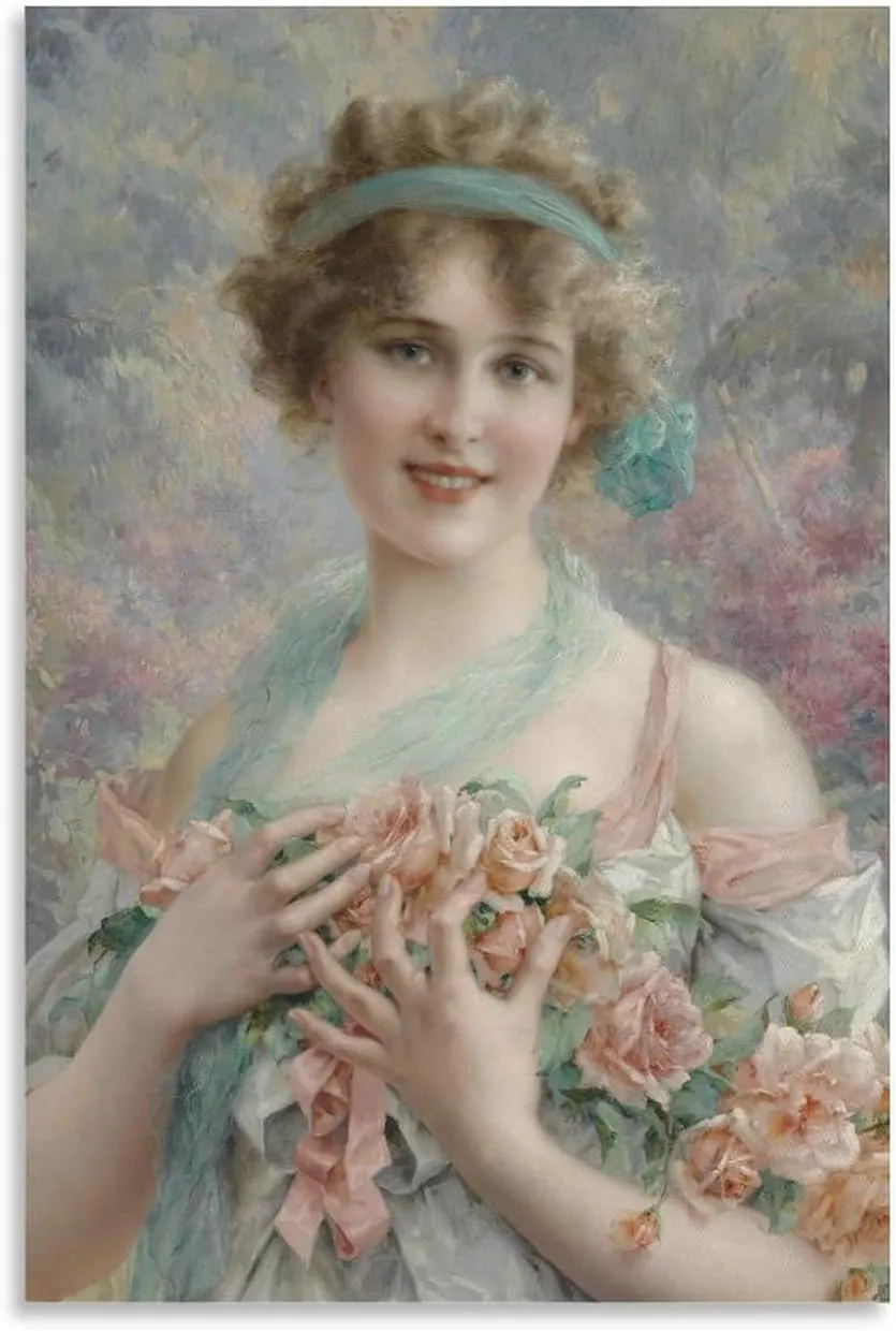 Emile Vernon Poster Print Fille Aux Roses Emile Vernon Canvas Wall Art Poster Decorative Bedroom Modern Home Print Picture Artworks Posters 16x24inch(40x60cm)