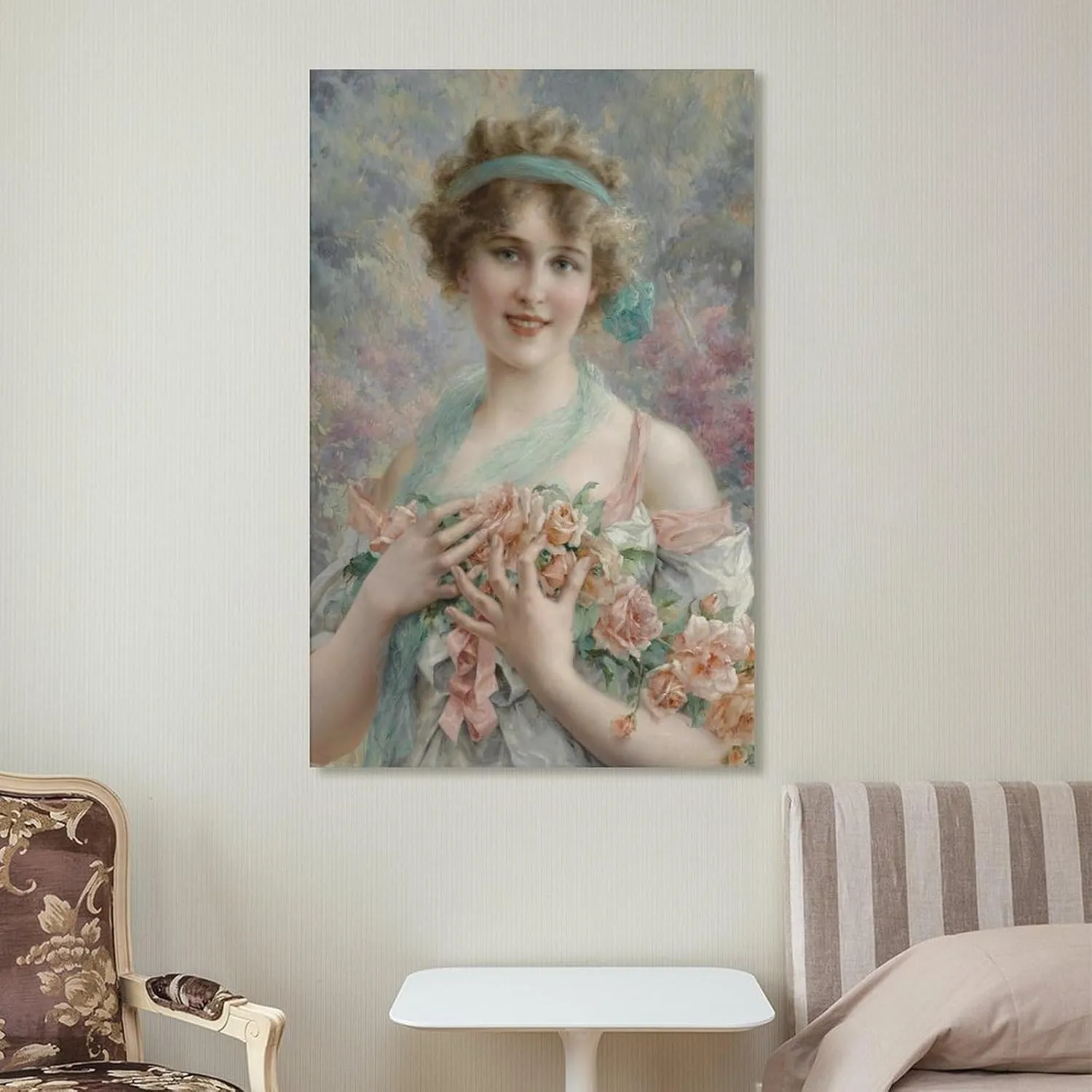 Emile Vernon Poster Print Fille Aux Roses Emile Vernon Canvas Wall Art Poster Decorative Bedroom Modern Home Print Picture Artworks Posters 16x24inch(40x60cm)
