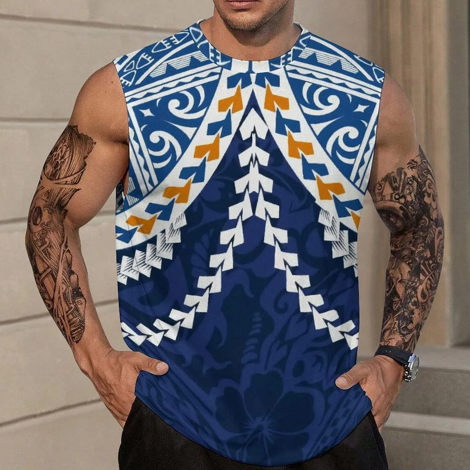ENLACHIC Men Polynesian Tribal Tattoo Print Muscle Tank Top Sleeveless Gym Shirt Plus Size