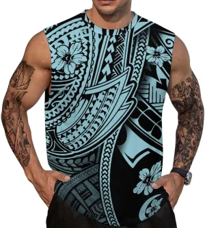 ENLACHIC Men Polynesian Tribal Tattoo Print Muscle Tank Top Sleeveless Gym Shirt Plus Size