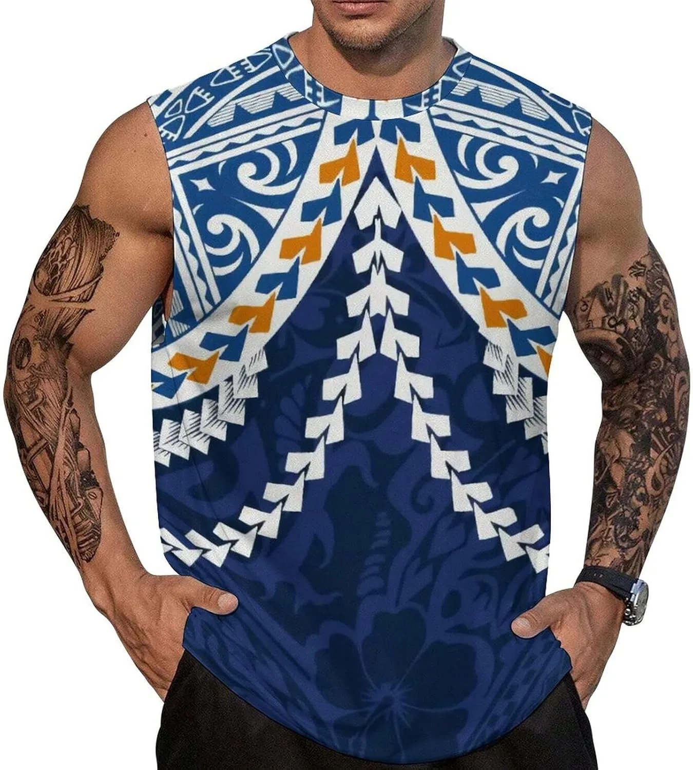 ENLACHIC Men Polynesian Tribal Tattoo Print Muscle Tank Top Sleeveless Gym Shirt Plus Size