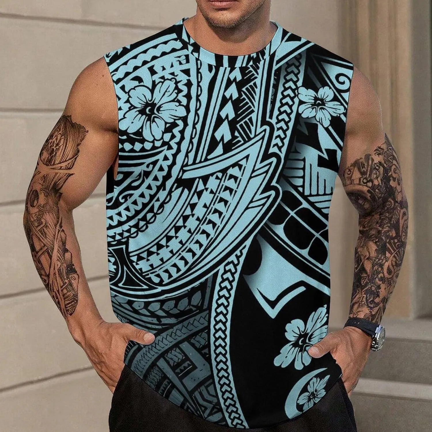 ENLACHIC Men Polynesian Tribal Tattoo Print Muscle Tank Top Sleeveless Gym Shirt Plus Size