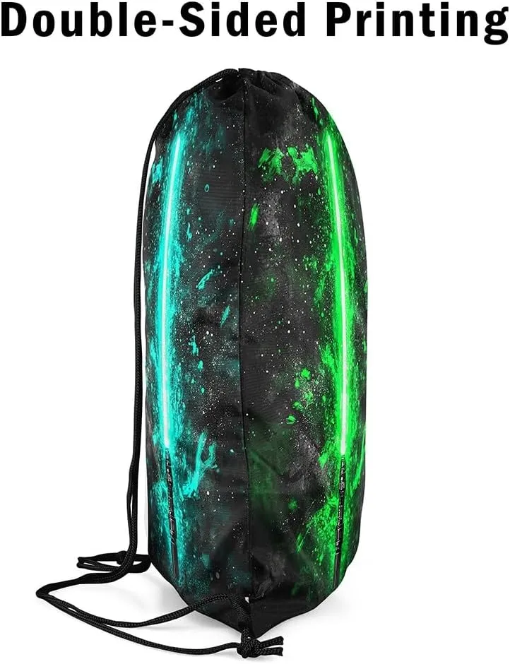 Erosebridal Green Teal Lightsaber Drawstring Backpack 13x15.7, Neon Glowing Lightning Drawstring Bags,Fashion Games Light Sword Draw String Back Bag Starry Sky Galaxy Cinch Bag for Sport Gym Swim
