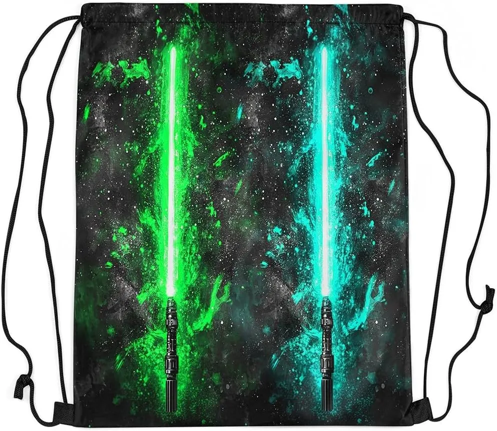 Erosebridal Green Teal Lightsaber Drawstring Backpack 13x15.7, Neon Glowing Lightning Drawstring Bags,Fashion Games Light Sword Draw String Back Bag Starry Sky Galaxy Cinch Bag for Sport Gym Swim