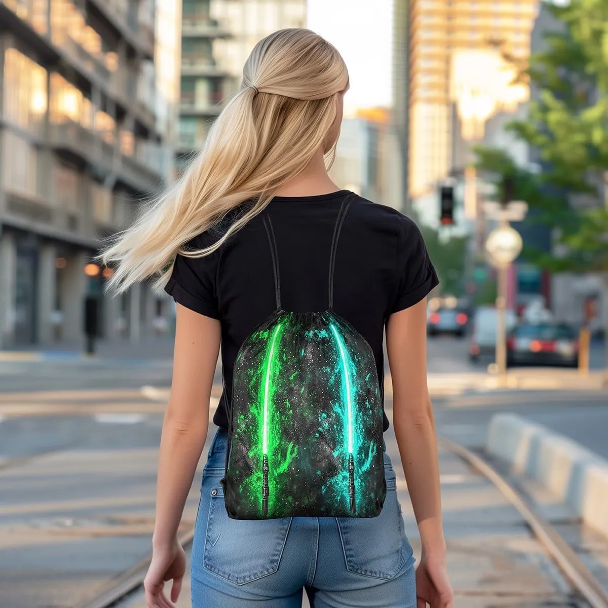 Erosebridal Green Teal Lightsaber Drawstring Backpack 13x15.7, Neon Glowing Lightning Drawstring Bags,Fashion Games Light Sword Draw String Back Bag Starry Sky Galaxy Cinch Bag for Sport Gym Swim