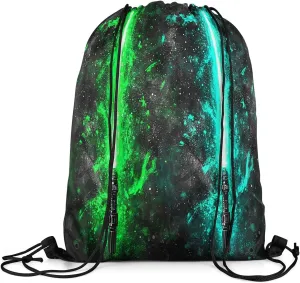 Erosebridal Green Teal Lightsaber Drawstring Backpack 13x15.7, Neon Glowing Lightning Drawstring Bags,Fashion Games Light Sword Draw String Back Bag Starry Sky Galaxy Cinch Bag for Sport Gym Swim