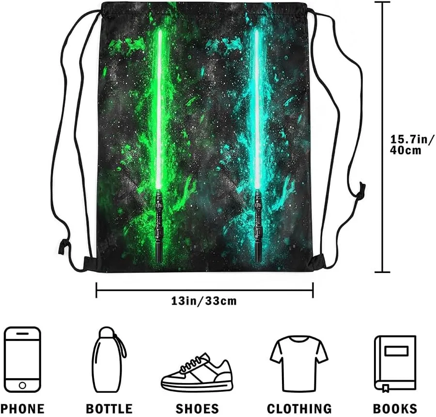 Erosebridal Green Teal Lightsaber Drawstring Backpack 13x15.7, Neon Glowing Lightning Drawstring Bags,Fashion Games Light Sword Draw String Back Bag Starry Sky Galaxy Cinch Bag for Sport Gym Swim